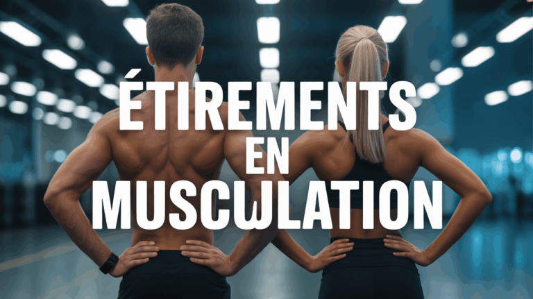Homme et femme s'étirant en salle, étirements en musculation