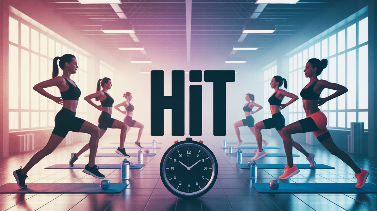 HIIT en salle silhouettes exercices timer tapis bouteille ambiance fitness
