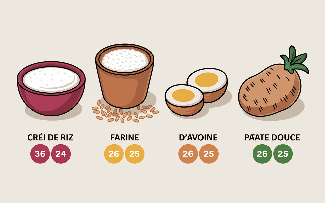 Tableau creme de riz muscu farine avoine patate douce digestion