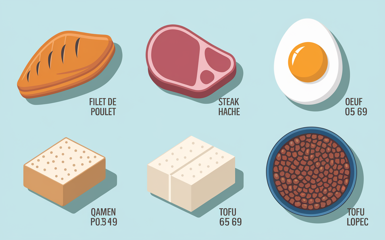 tableau protéines lipides poulet steak tofu oeuf lentilles