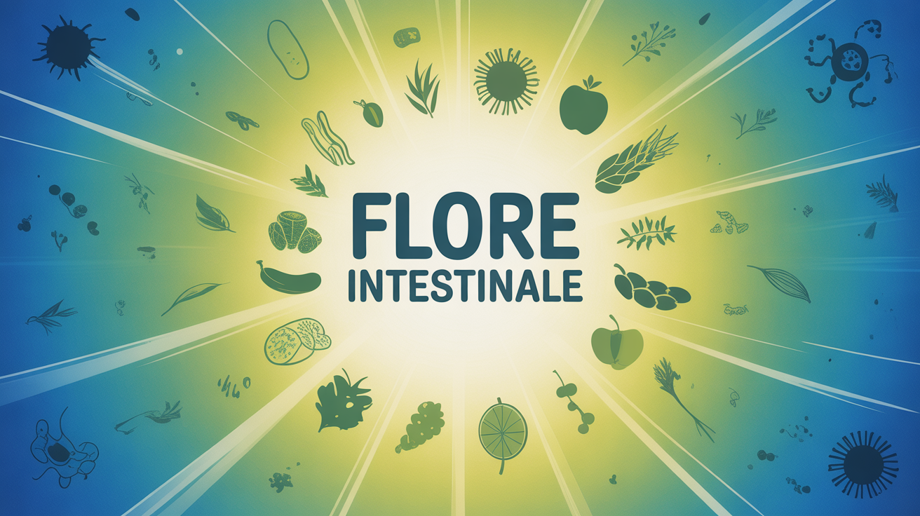 Illustration flore intestinale, aliments fermentes, fibres, bacteries bienveillantes