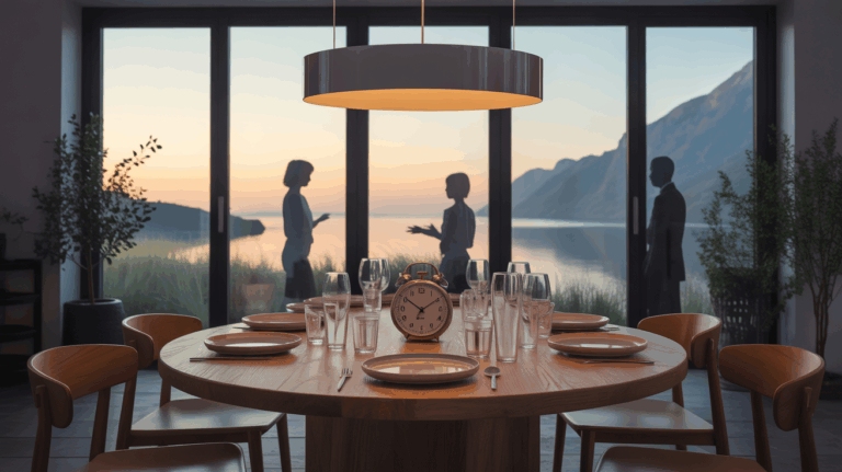 vue cuisine avec horloges et assiette vide jeune intermittent