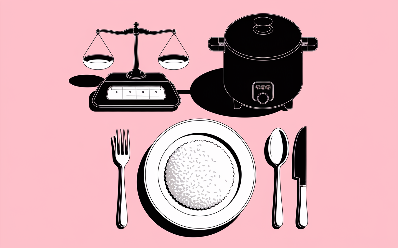 Assiette avec portion de riz et balance alimentaire