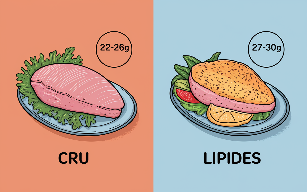 comparatif protéines 100g filet de poulet cru vs cuit