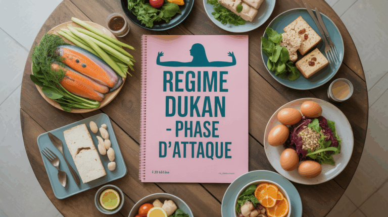 Assortiment aliments regime Dukan phase attaque sur table, carnet menu, silhouette