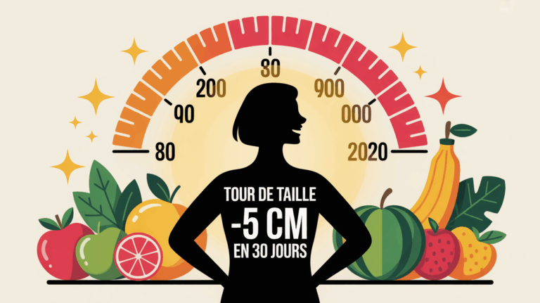 Silhouette devant metre-ruban et fruits, tour de taille 5 cm en 30 jours