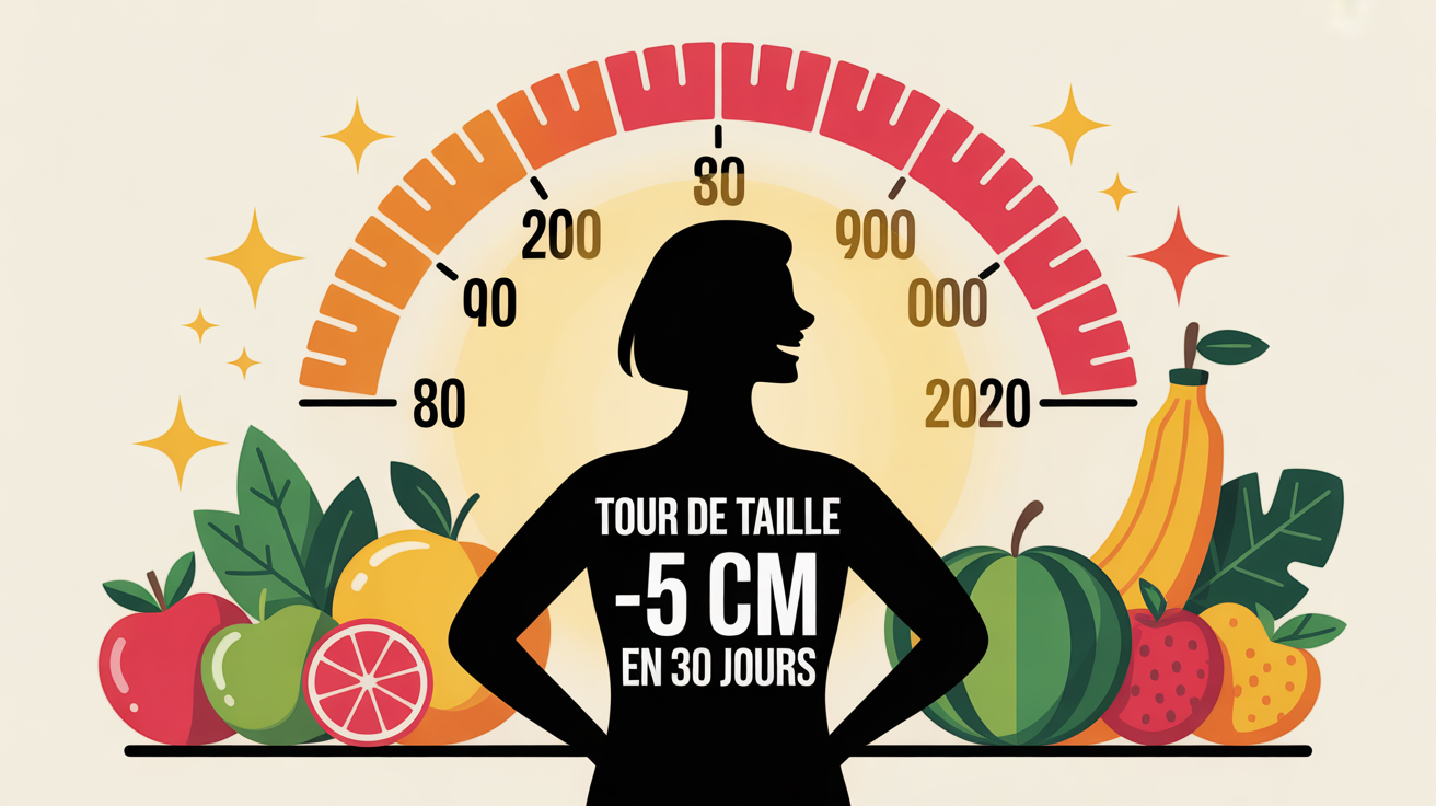 Silhouette devant metre-ruban et fruits, tour de taille 5 cm en 30 jours