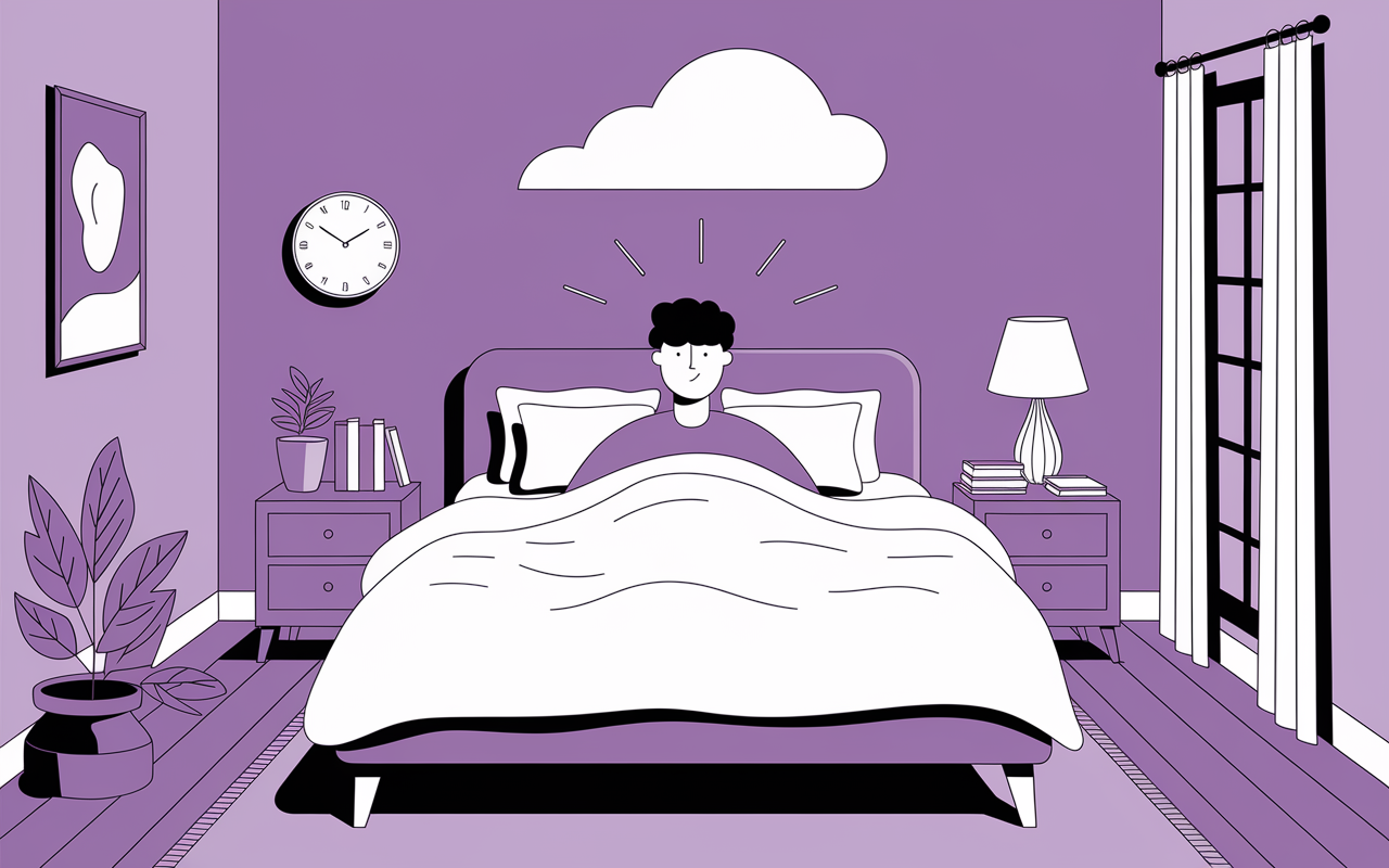 Personnage détendu sur lit, nuage calme, horloge 7-9h, chambre apaisée