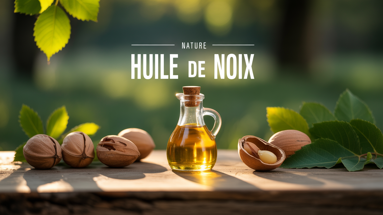 bouteille huile de noix artisanale sur table bois avec noix