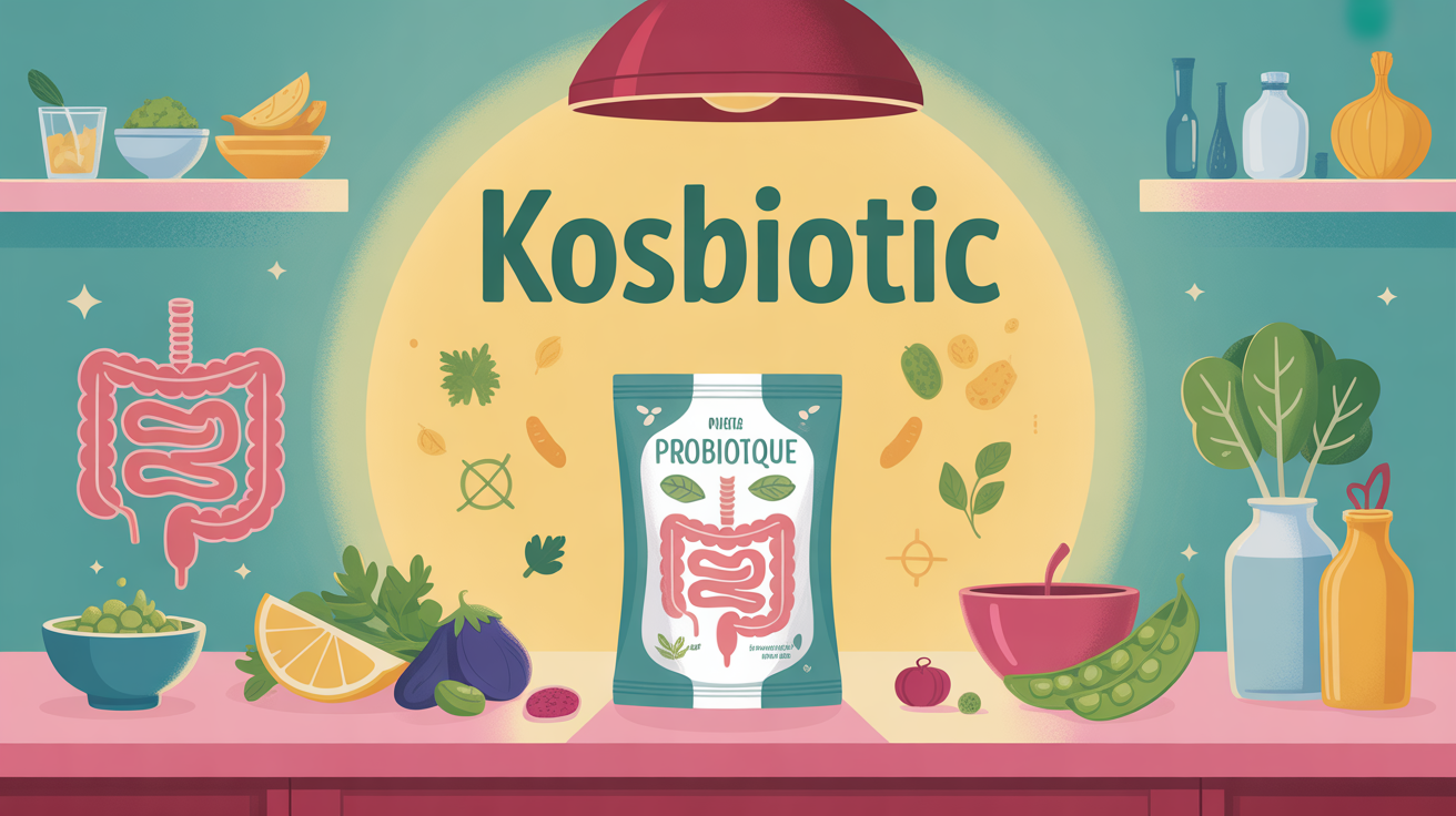 Pack Kosbiotic probiotique sur table, symbole digestion