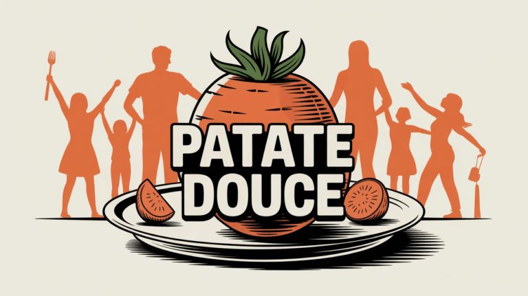Patate douce orange sur assiette, silhouettes famille et sportifs