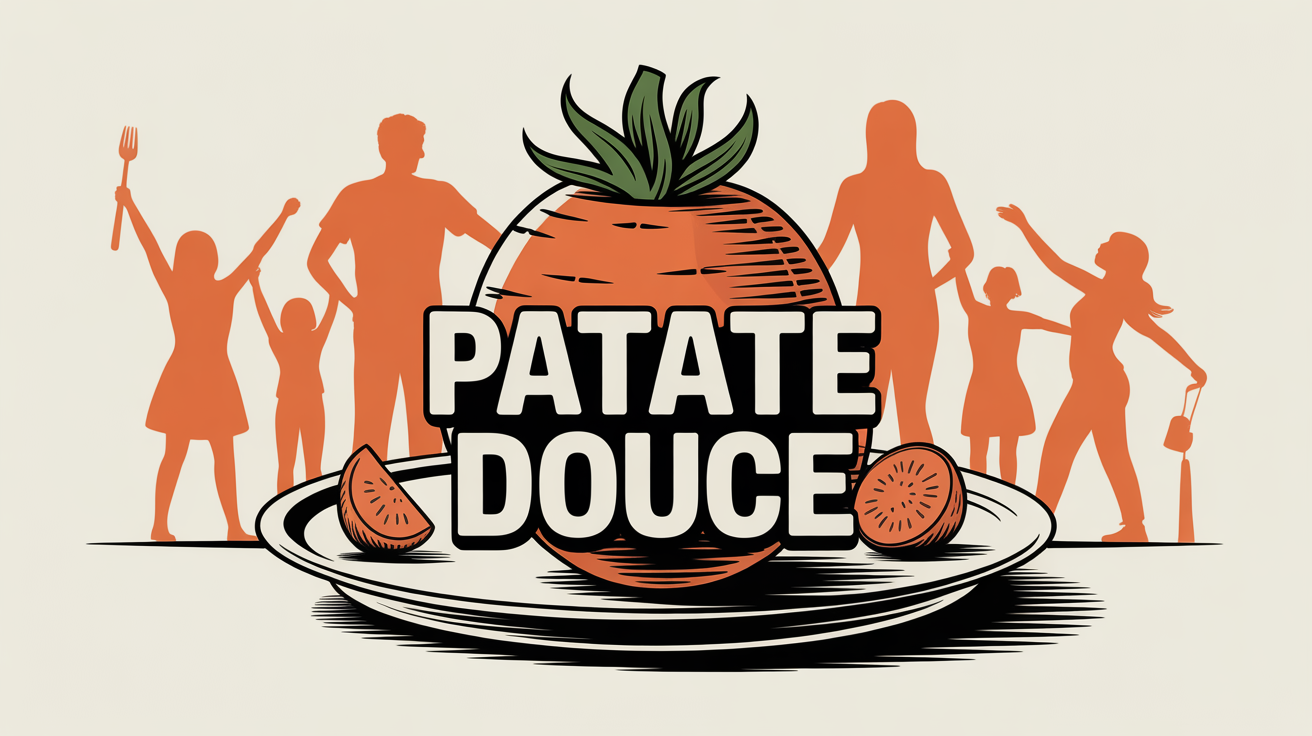 Patate douce orange sur assiette, silhouettes famille et sportifs