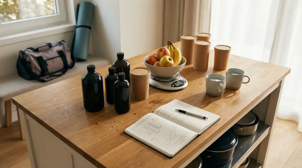 Bouteilles de brûleurs de graisse et accessoires sportifs sur table