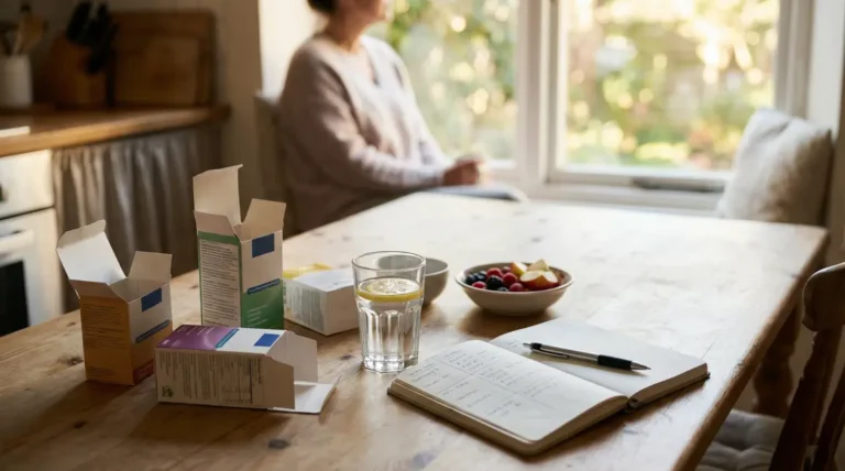 bruleur de graisse sans sport sur une table avec complements et carnet alimentaire