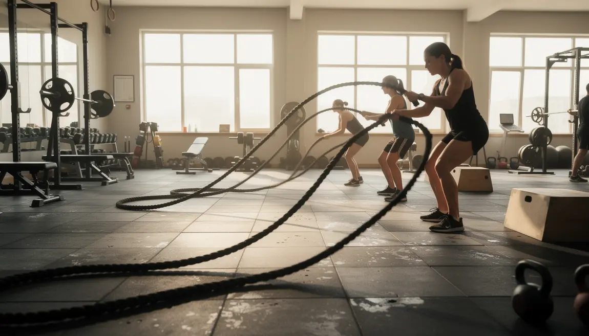 salle de sport personnes utilisant battle rope