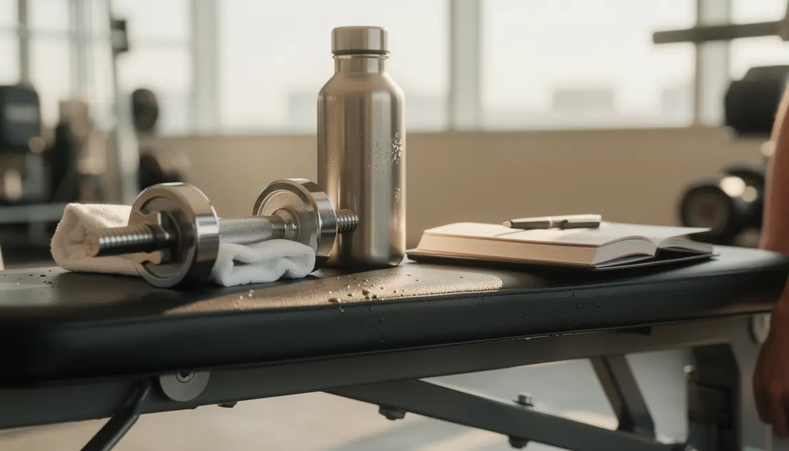 gourde eau carnet entrainement sur banc musculation