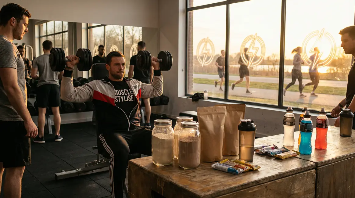 Muscle stylisé soulevant haltères avec boissons énergétiques et silhouettes athlétiques
