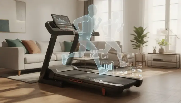 Tapis de course connecté en salon lumineux avec critères techniques