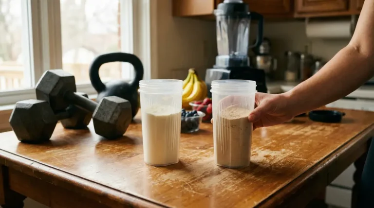 shakers whey et gainer sur table avec haltères