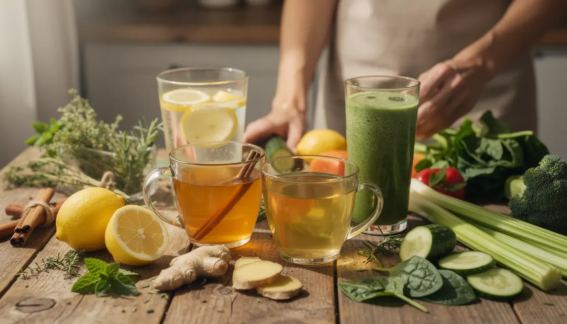 verres boissons minceur variees sur table bois