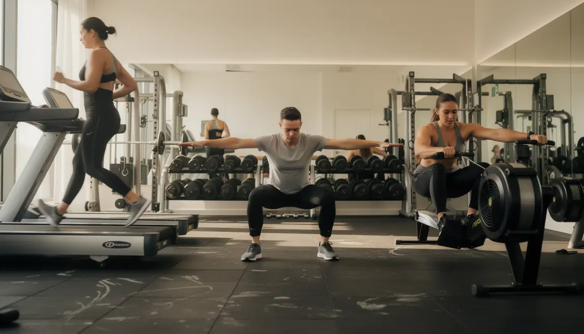 personnes echauffement musculation tapis squats rameur