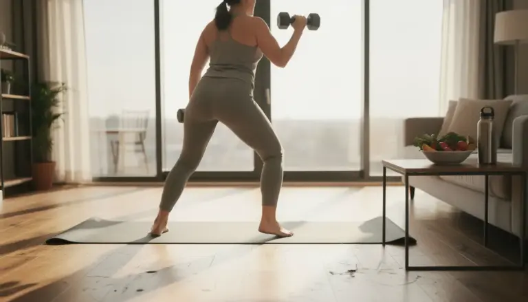 Perte de poids à la maison, sport sur tapis, haltère, légumes