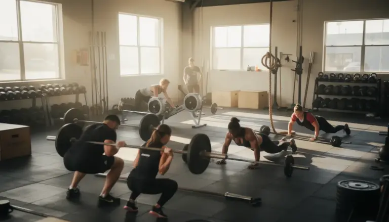 Salle de CrossFit débutant réalisant wod avec matériel