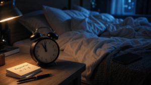 Comment trouver le sommeil rapidement : respiration 4-7-8 au lit, minuit sur le réveil