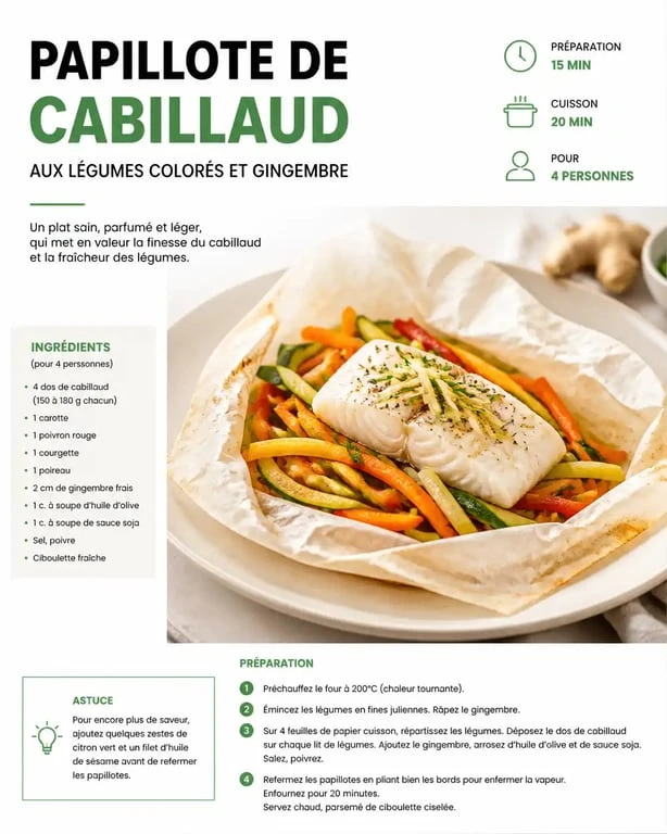 Recette de papillote de cabillaud au gingembre pour maigrir le ventre