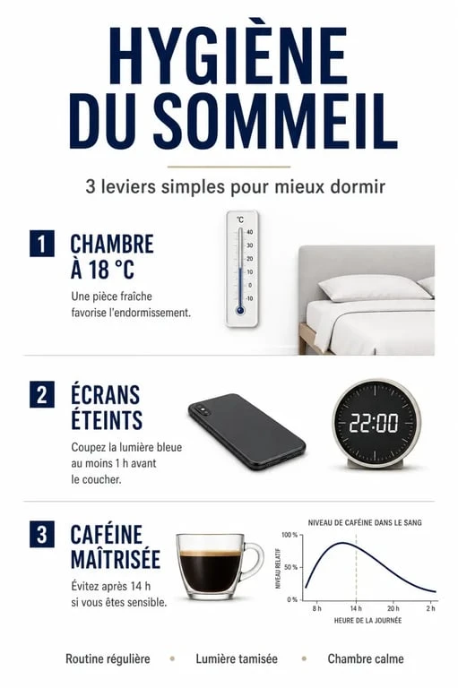 Infographie sur les conseils pour trouver le sommeil rapidement et améliorer son hygiène de vie