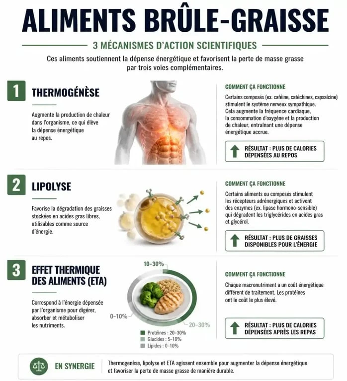 Infographie expliquant les mécanismes des aliments brûle graisse : thermogenèse, lipolyse et effet thermique