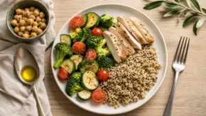 Quoi manger en regime : assiette protéines fibres, légumes et quinoa