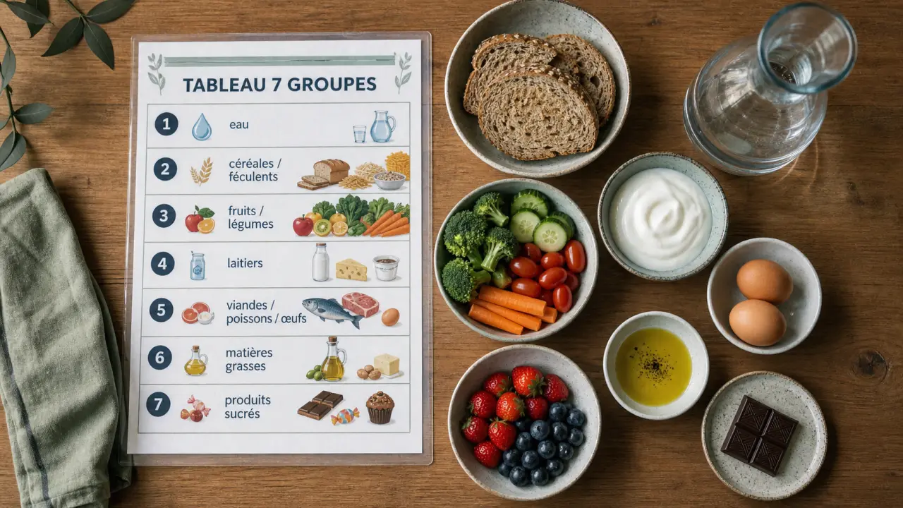 Les 7 groupes d aliments tableau : eau, céréales, fruits-légumes, laitiers, protéines, matières grasses, sucres