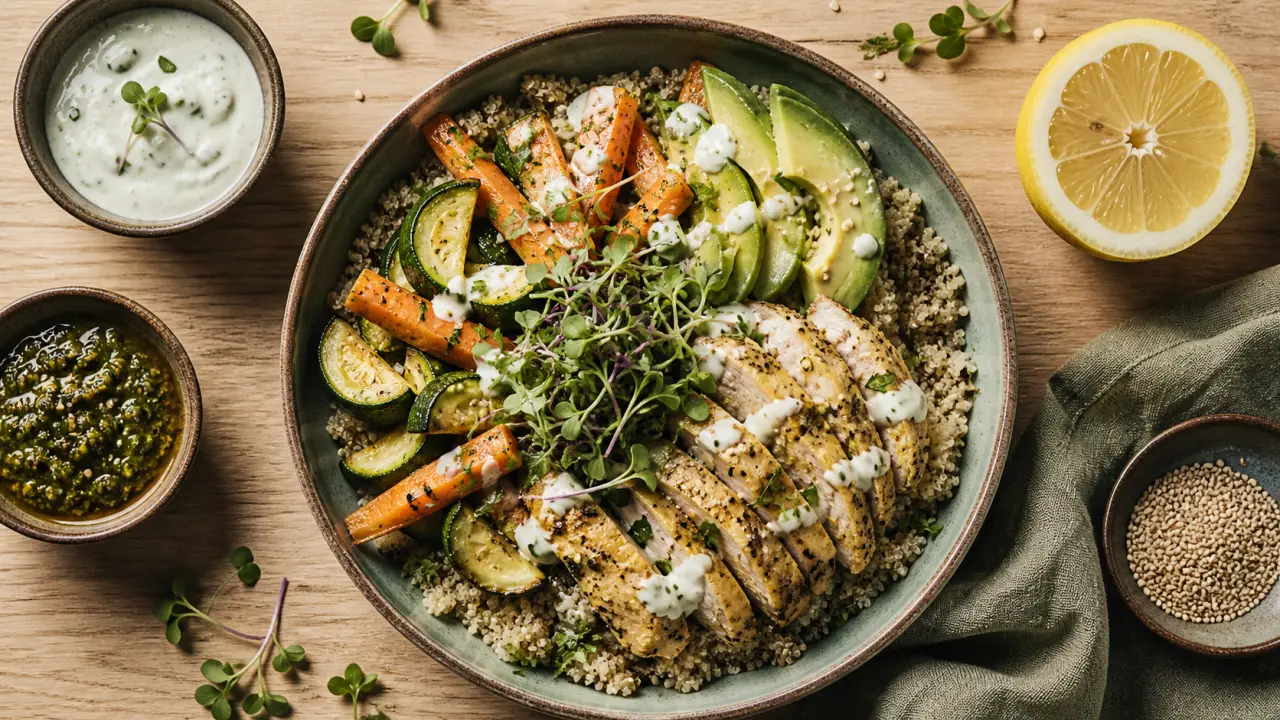 Nourriture healthy : bowl quinoa poulet citron légumes