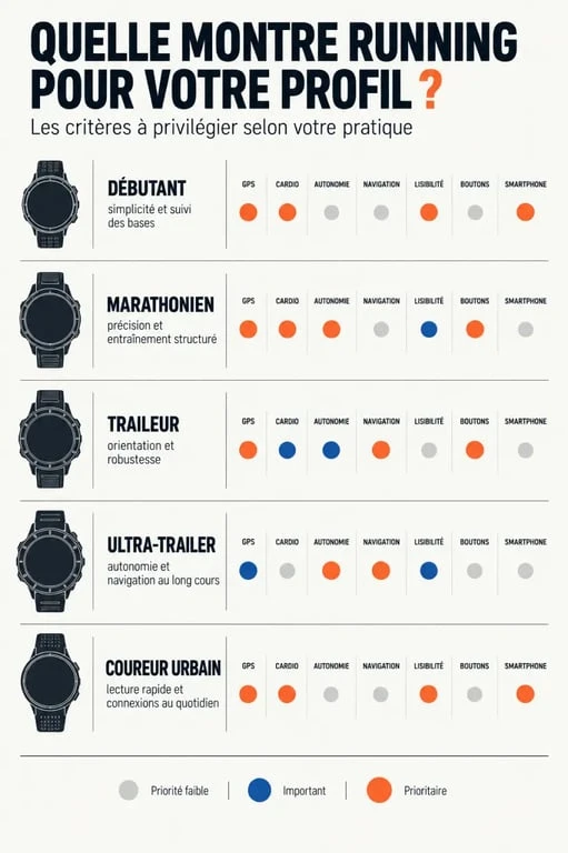 Infographie comparative pour choisir une montre running cardio GPS selon son profil de coureur