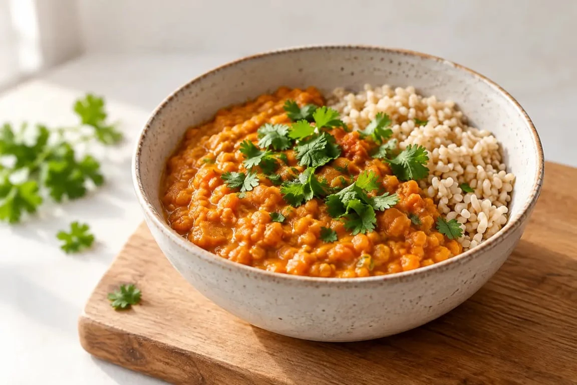 Repas riche en protéines : dhal de lentilles corail au riz complet