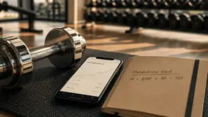 Métabolisme et musculation : brûler plus au repos, haltère et graphique