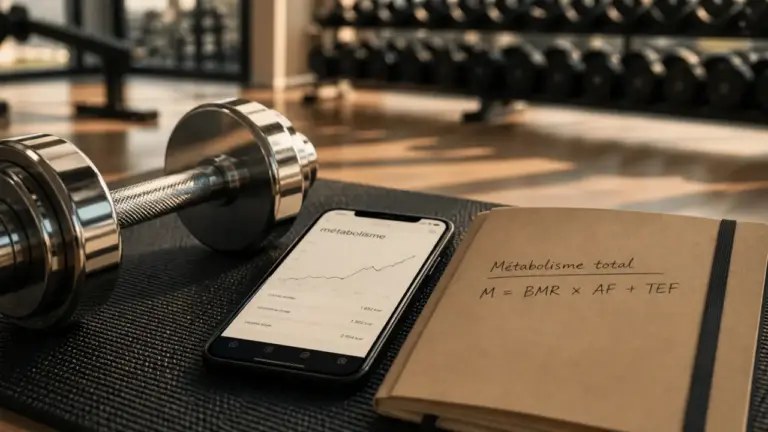 Métabolisme et musculation : brûler plus au repos, haltère et graphique