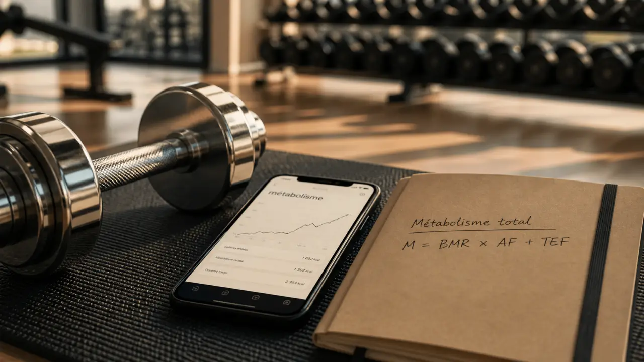Métabolisme et musculation : brûler plus au repos, haltère et graphique