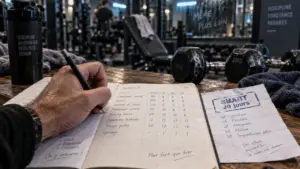 Motivation musculation : routine 30 jours notée au carnet en salle de sport