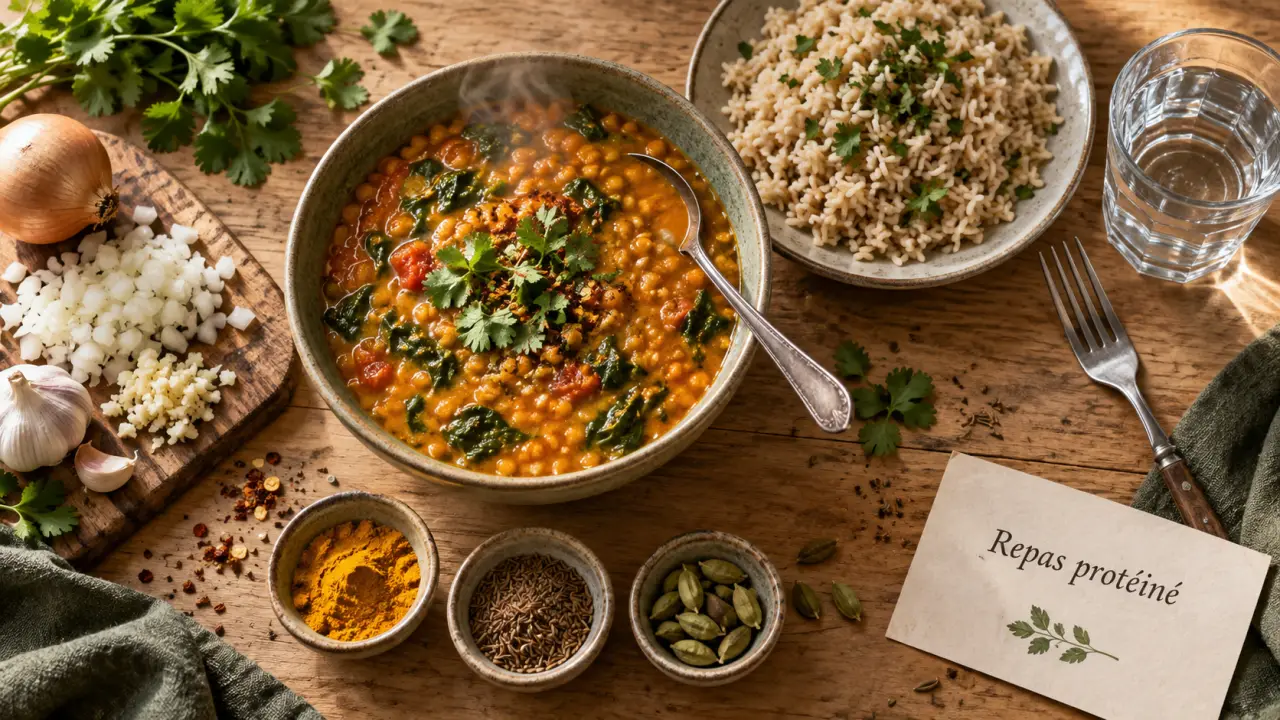 Repas riche en proteine : dhal de lentilles corail fumant