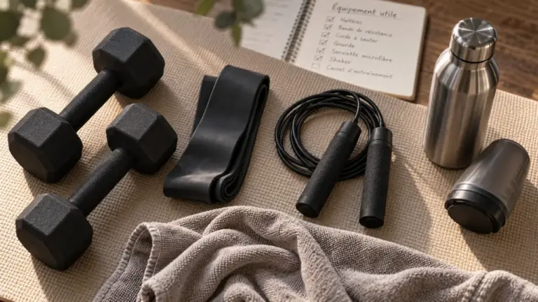 Accessoirs de sport : tapis, haltères, corde à sauter, bande de résistance, gourde
