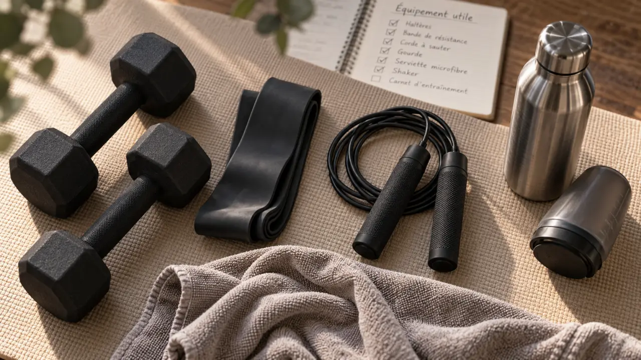 Accessoirs de sport : tapis, haltères, corde à sauter, bande de résistance, gourde