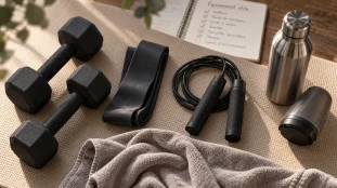 Accessoirs de sport : tapis, haltères, corde à sauter, bande de résistance, gourde