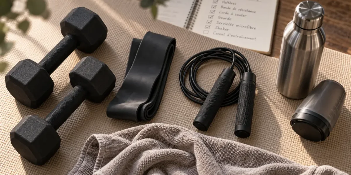 Accessoirs de sport : tapis, haltères, corde à sauter, bande de résistance, gourde