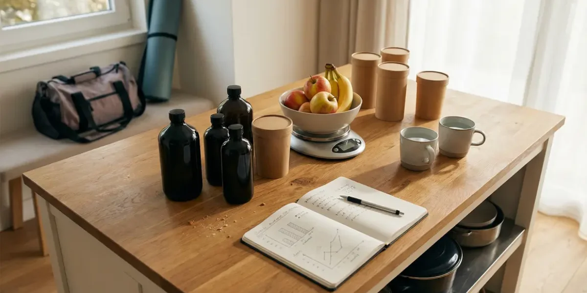 Bouteilles de brûleurs de graisse et accessoires sportifs sur table