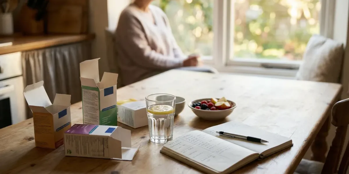 bruleur de graisse sans sport sur une table avec complements et carnet alimentaire