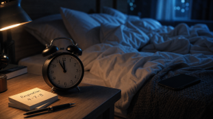 Comment trouver le sommeil rapidement : respiration 4-7-8 au lit, minuit sur le réveil