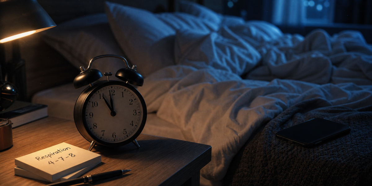 Comment trouver le sommeil rapidement : respiration 4-7-8 au lit, minuit sur le réveil