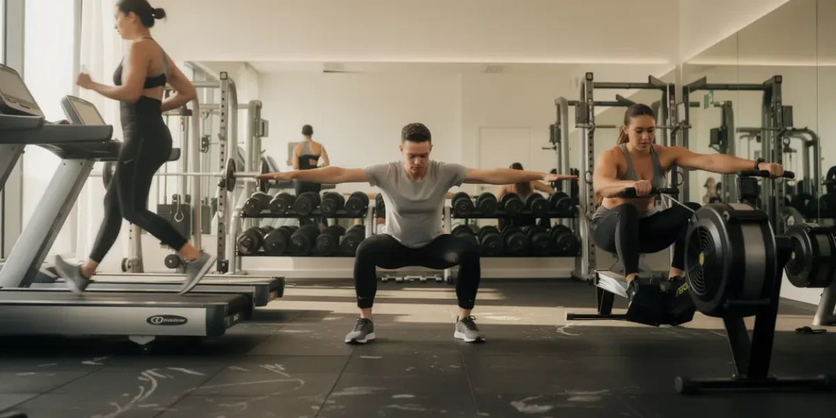 personnes echauffement musculation tapis squats rameur